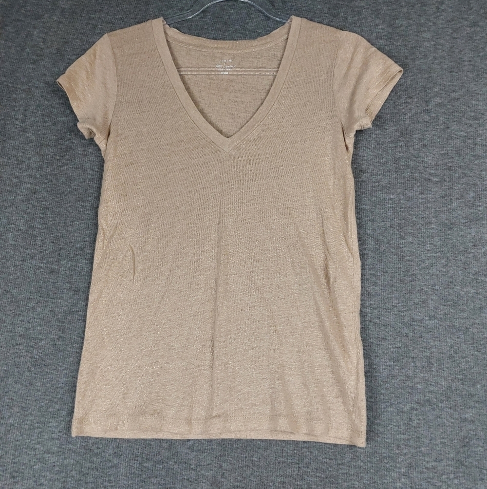 J. CREW WOMENS TAN GOLD METALLIC 100% LINEN SHORT SLEEVE VNECK TSHIRT SIZE XXS